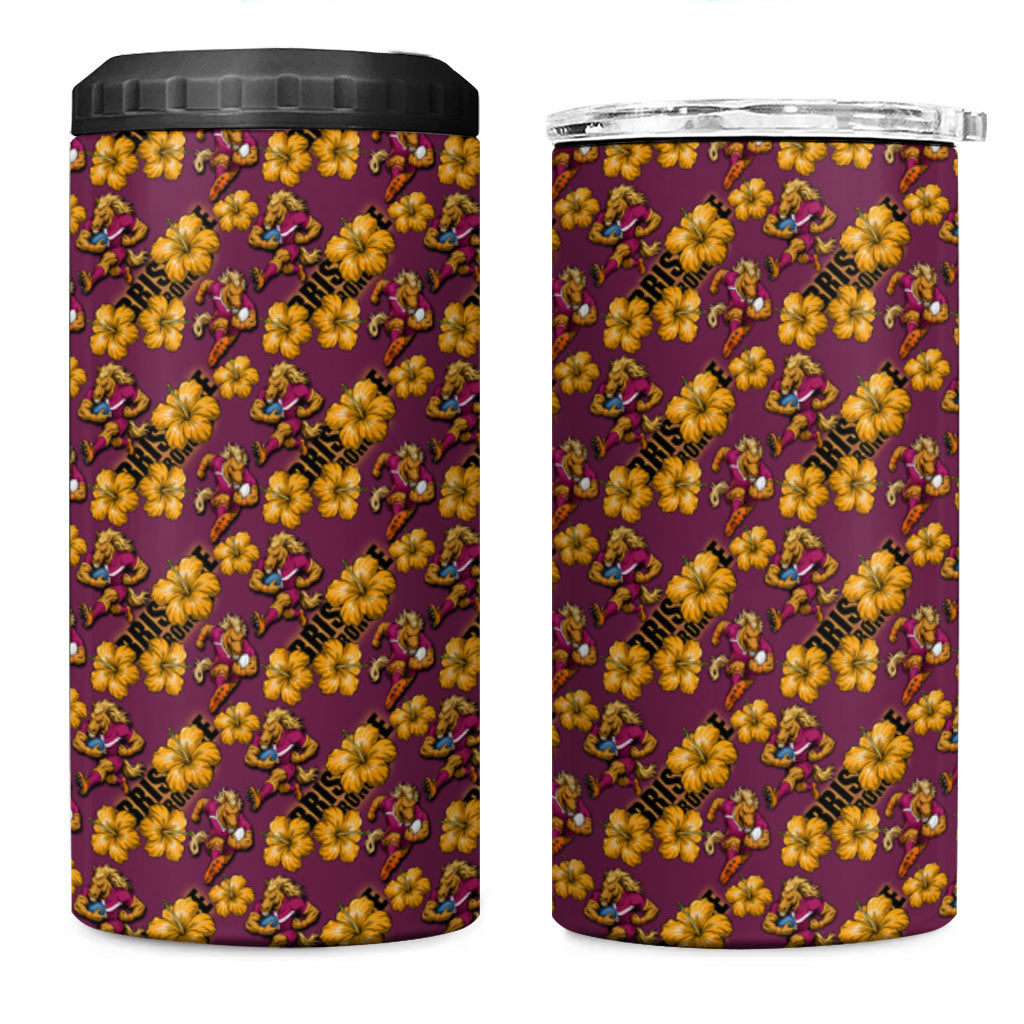 Brisbane Broncos Mascot 4 in 1 Can Cooler Tumbler Tropical Hibiscus Floral Seamless Rugby Mascot
