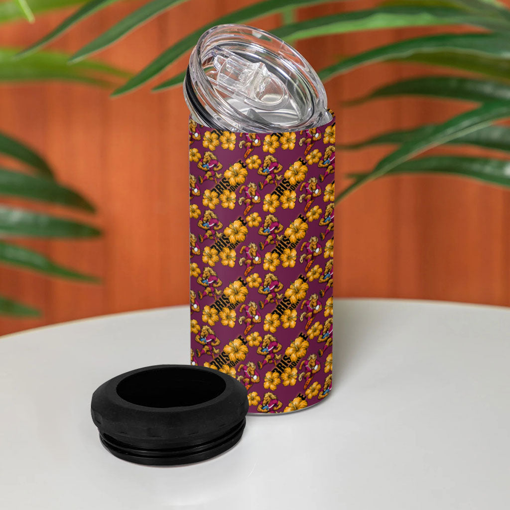 Brisbane Broncos Mascot 4 in 1 Can Cooler Tumbler Tropical Hibiscus Floral Seamless Rugby Mascot