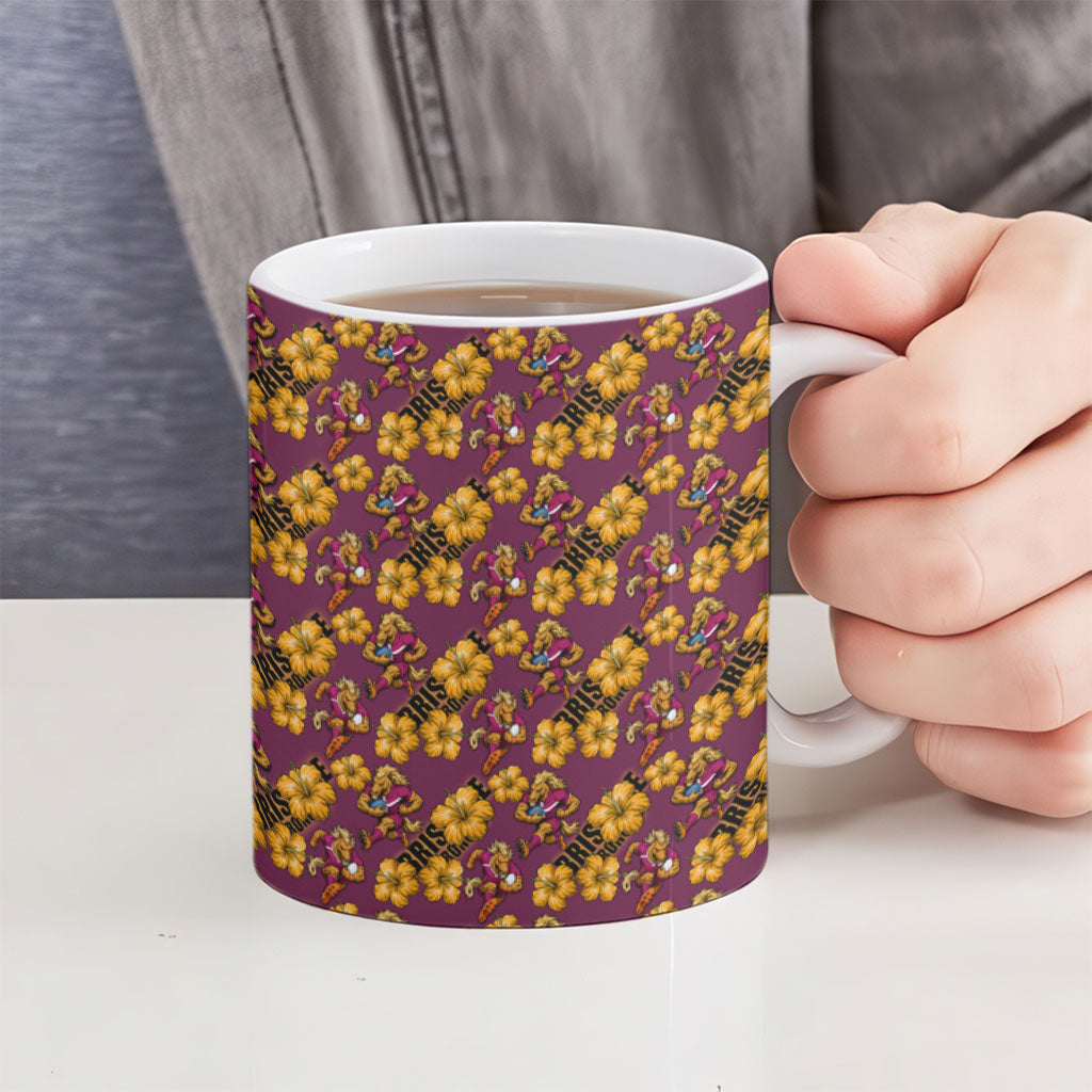 Brisbane Broncos Mascot Ceramic Mug Tropical Hibiscus Floral Seamless Rugby Mascot
