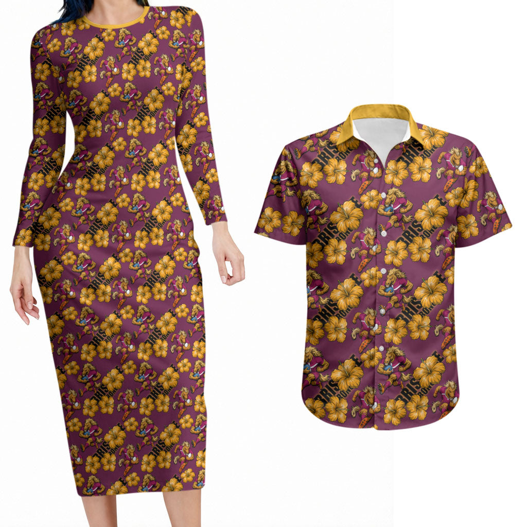 Brisbane Broncos Mascot Couples Matching Long Sleeve Bodycon Dress and Hawaiian Shirt Tropical Hibiscus Floral Seamless Rugby Mascot