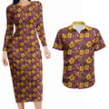 Brisbane Broncos Mascot Couples Matching Long Sleeve Bodycon Dress and Hawaiian Shirt Tropical Hibiscus Floral Seamless Rugby Mascot