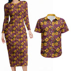 Brisbane Broncos Mascot Couples Matching Long Sleeve Bodycon Dress and Hawaiian Shirt Tropical Hibiscus Floral Seamless Rugby Mascot