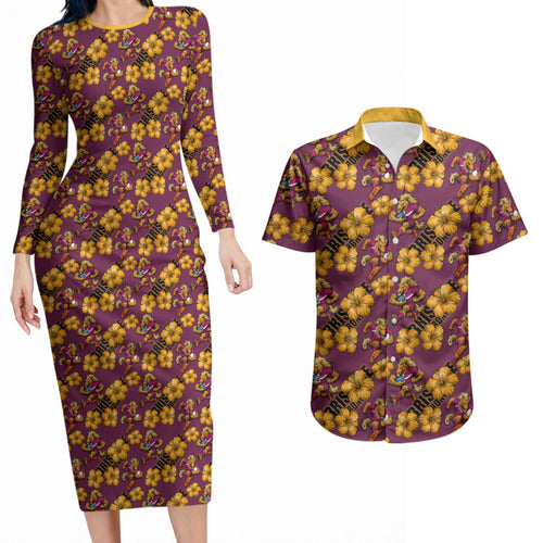 Brisbane Broncos Mascot Couples Matching Long Sleeve Bodycon Dress and Hawaiian Shirt Tropical Hibiscus Floral Seamless Rugby Mascot