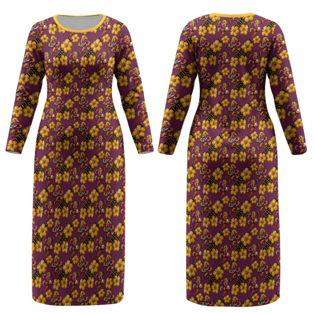 Brisbane Broncos Mascot Couples Matching Long Sleeve Bodycon Dress and Hawaiian Shirt Tropical Hibiscus Floral Seamless Rugby Mascot