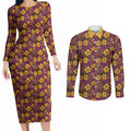 Brisbane Broncos Mascot Couples Matching Long Sleeve Bodycon Dress and Long Sleeve Button Shirt Tropical Hibiscus Floral Seamless Rugby Mascot