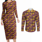 Brisbane Broncos Mascot Couples Matching Long Sleeve Bodycon Dress and Long Sleeve Button Shirt Tropical Hibiscus Floral Seamless Rugby Mascot