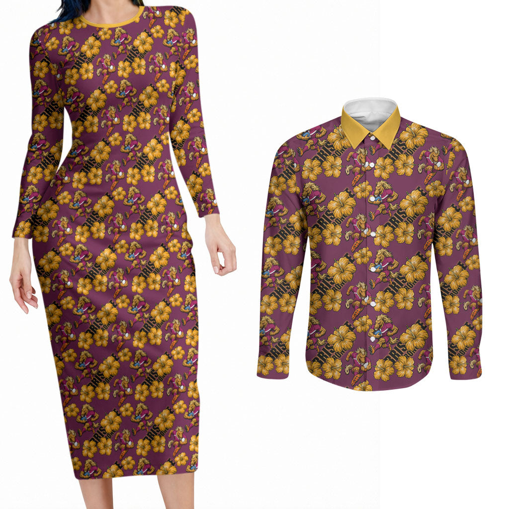 Brisbane Broncos Mascot Couples Matching Long Sleeve Bodycon Dress and Long Sleeve Button Shirt Tropical Hibiscus Floral Seamless Rugby Mascot