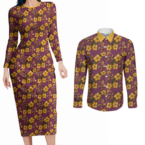 Brisbane Broncos Mascot Couples Matching Long Sleeve Bodycon Dress and Long Sleeve Button Shirt Tropical Hibiscus Floral Seamless Rugby Mascot