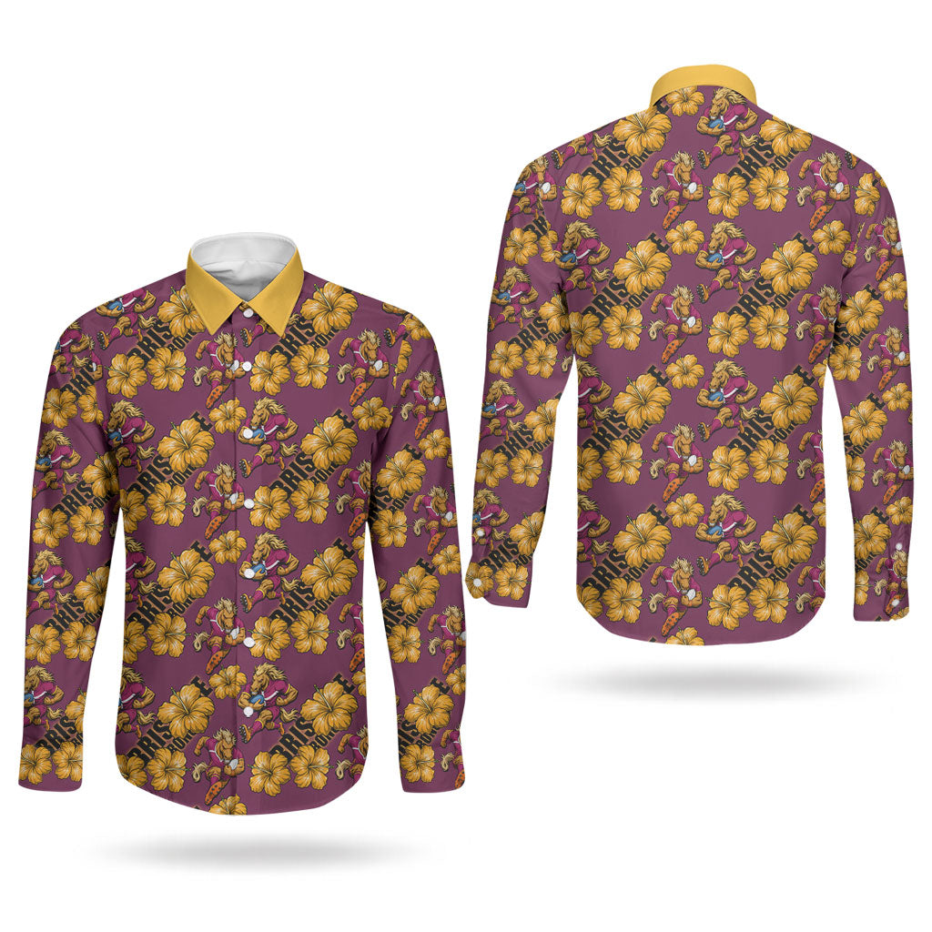 Brisbane Broncos Mascot Couples Matching Long Sleeve Bodycon Dress and Long Sleeve Button Shirt Tropical Hibiscus Floral Seamless Rugby Mascot
