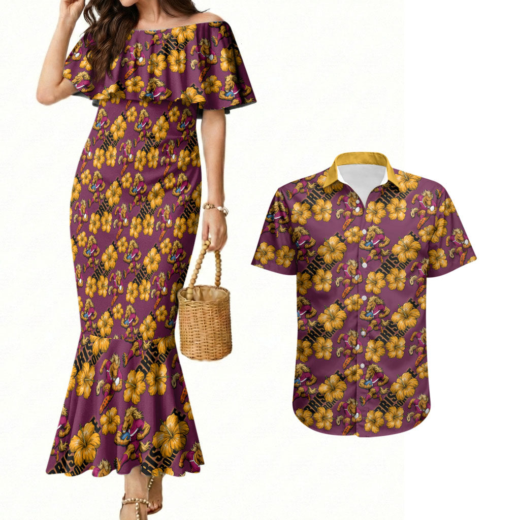 Brisbane Broncos Mascot Couples Matching Mermaid Dress and Hawaiian Shirt Tropical Hibiscus Floral Seamless Rugby Mascot