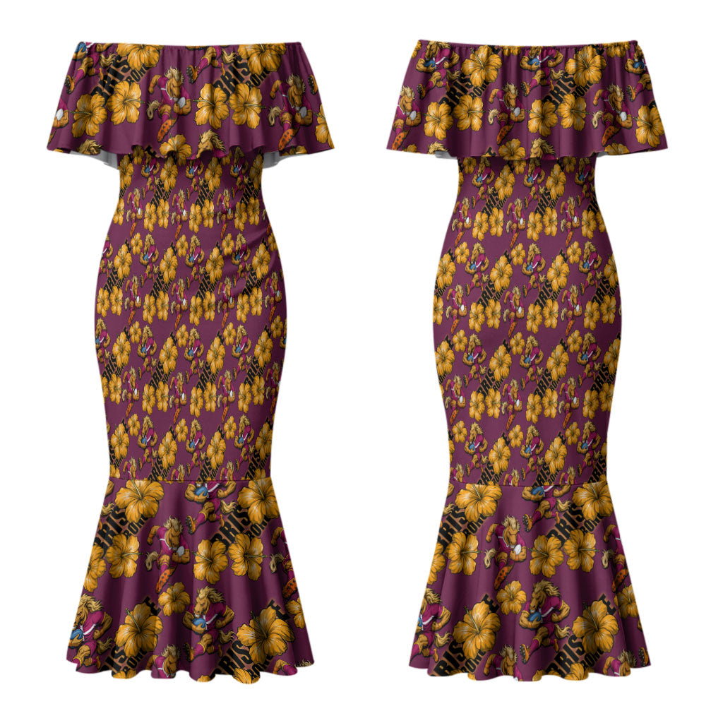 Brisbane Broncos Mascot Couples Matching Mermaid Dress and Hawaiian Shirt Tropical Hibiscus Floral Seamless Rugby Mascot