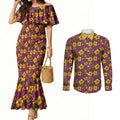 Brisbane Broncos Mascot Couples Matching Mermaid Dress and Long Sleeve Button Shirt Tropical Hibiscus Floral Seamless Rugby Mascot