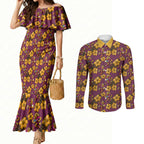Brisbane Broncos Mascot Couples Matching Mermaid Dress and Long Sleeve Button Shirt Tropical Hibiscus Floral Seamless Rugby Mascot
