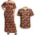 Brisbane Broncos Mascot Couples Matching Off Shoulder Maxi Dress and Hawaiian Shirt Tropical Hibiscus Floral Seamless Rugby Mascot