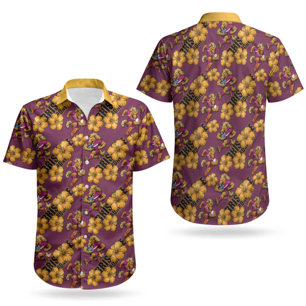 Brisbane Broncos Mascot Couples Matching Off Shoulder Maxi Dress and Hawaiian Shirt Tropical Hibiscus Floral Seamless Rugby Mascot