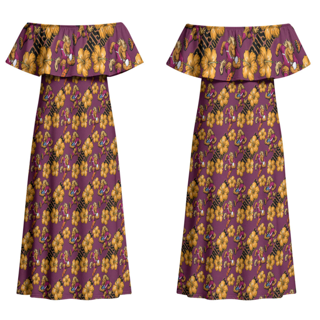 Brisbane Broncos Mascot Couples Matching Off Shoulder Maxi Dress and Hawaiian Shirt Tropical Hibiscus Floral Seamless Rugby Mascot