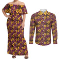 Brisbane Broncos Mascot Couples Matching Off Shoulder Maxi Dress and Long Sleeve Button Shirt Tropical Hibiscus Floral Seamless Rugby Mascot