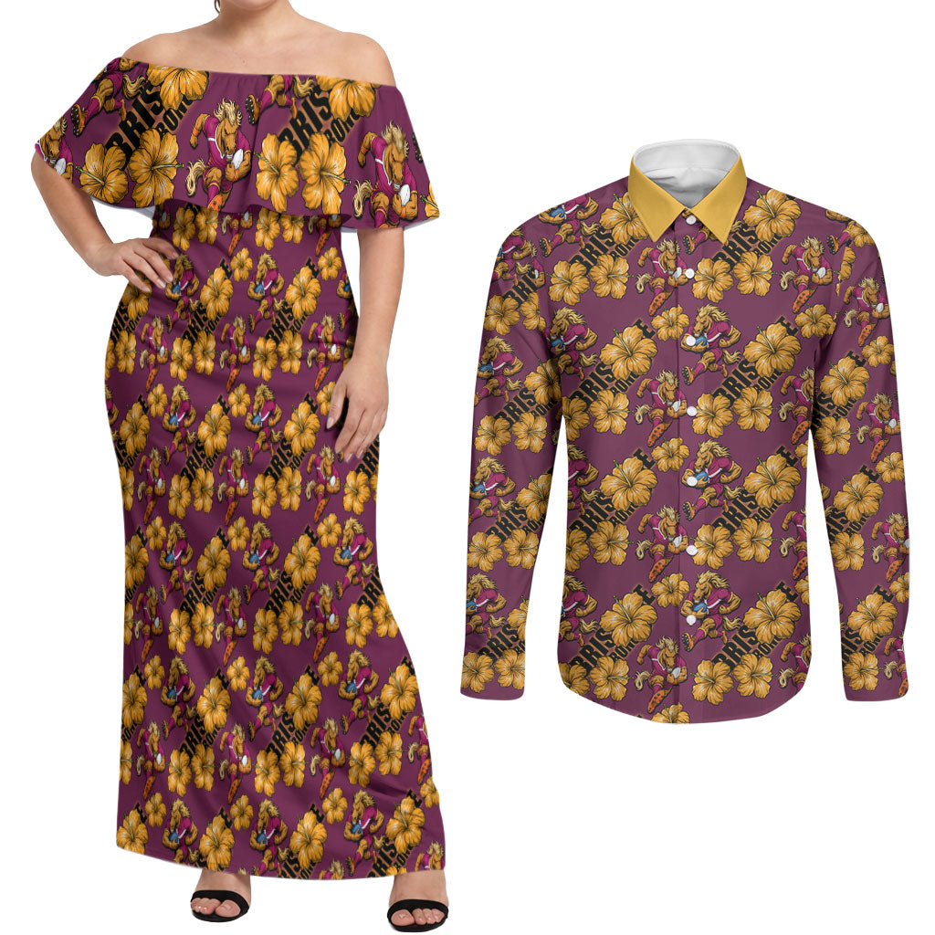 Brisbane Broncos Mascot Couples Matching Off Shoulder Maxi Dress and Long Sleeve Button Shirt Tropical Hibiscus Floral Seamless Rugby Mascot