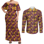 Brisbane Broncos Mascot Couples Matching Off Shoulder Maxi Dress and Long Sleeve Button Shirt Tropical Hibiscus Floral Seamless Rugby Mascot
