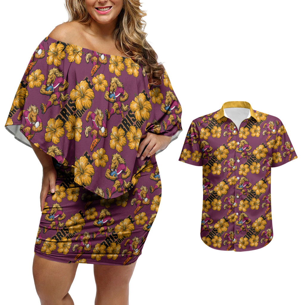 Brisbane Broncos Mascot Couples Matching Off Shoulder Short Dress and Hawaiian Shirt Tropical Hibiscus Floral Seamless Rugby Mascot