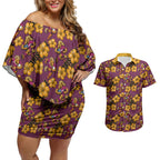Brisbane Broncos Mascot Couples Matching Off Shoulder Short Dress and Hawaiian Shirt Tropical Hibiscus Floral Seamless Rugby Mascot
