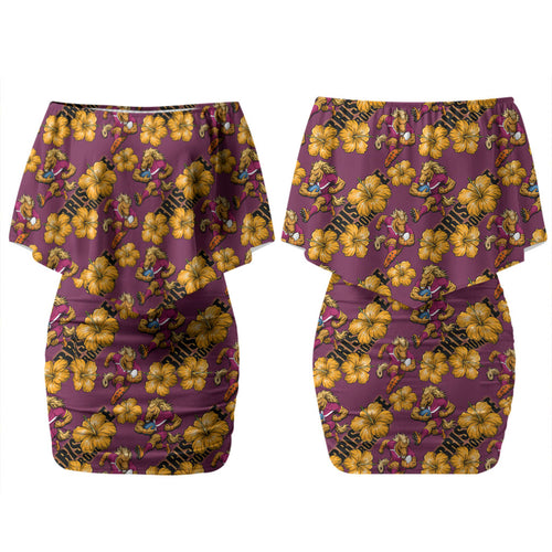 Brisbane Broncos Mascot Couples Matching Off Shoulder Short Dress and Hawaiian Shirt Tropical Hibiscus Floral Seamless Rugby Mascot