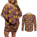Brisbane Broncos Mascot Couples Matching Off Shoulder Short Dress and Long Sleeve Button Shirt Tropical Hibiscus Floral Seamless Rugby Mascot