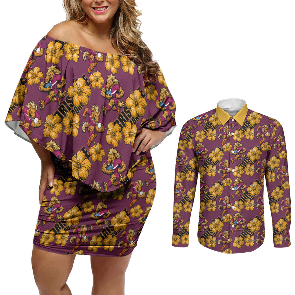Brisbane Broncos Mascot Couples Matching Off Shoulder Short Dress and Long Sleeve Button Shirt Tropical Hibiscus Floral Seamless Rugby Mascot