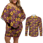 Brisbane Broncos Mascot Couples Matching Off Shoulder Short Dress and Long Sleeve Button Shirt Tropical Hibiscus Floral Seamless Rugby Mascot