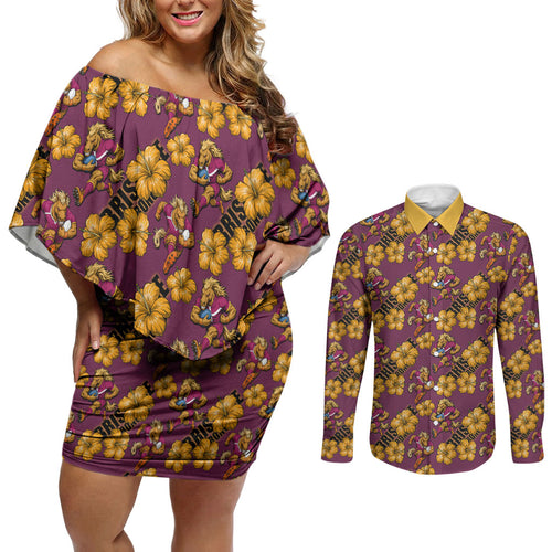Brisbane Broncos Mascot Couples Matching Off Shoulder Short Dress and Long Sleeve Button Shirt Tropical Hibiscus Floral Seamless Rugby Mascot