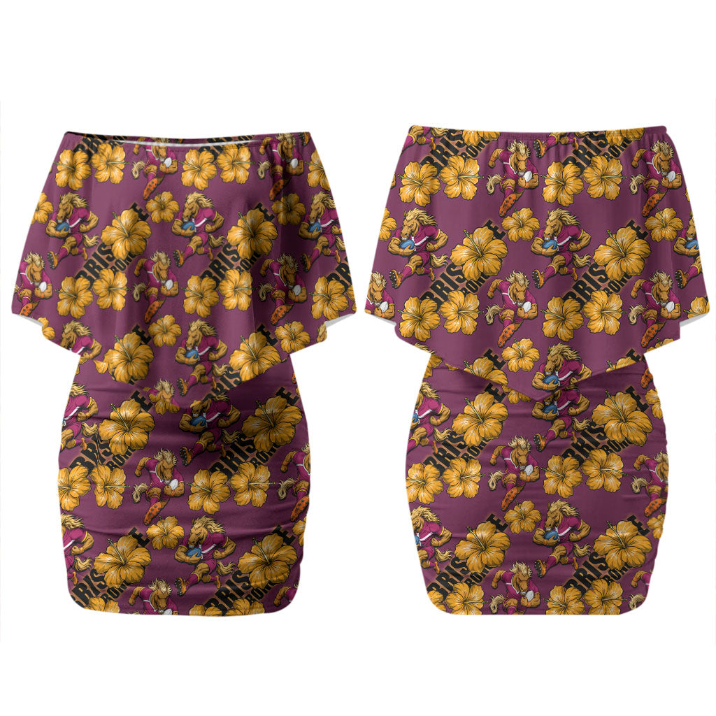Brisbane Broncos Mascot Couples Matching Off Shoulder Short Dress and Long Sleeve Button Shirt Tropical Hibiscus Floral Seamless Rugby Mascot