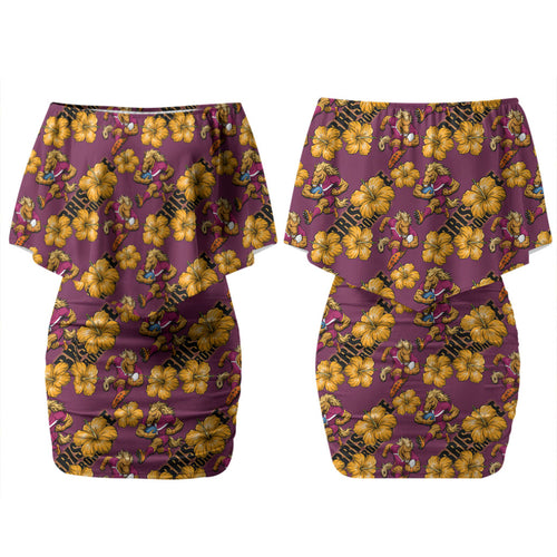 Brisbane Broncos Mascot Couples Matching Off Shoulder Short Dress and Long Sleeve Button Shirt Tropical Hibiscus Floral Seamless Rugby Mascot