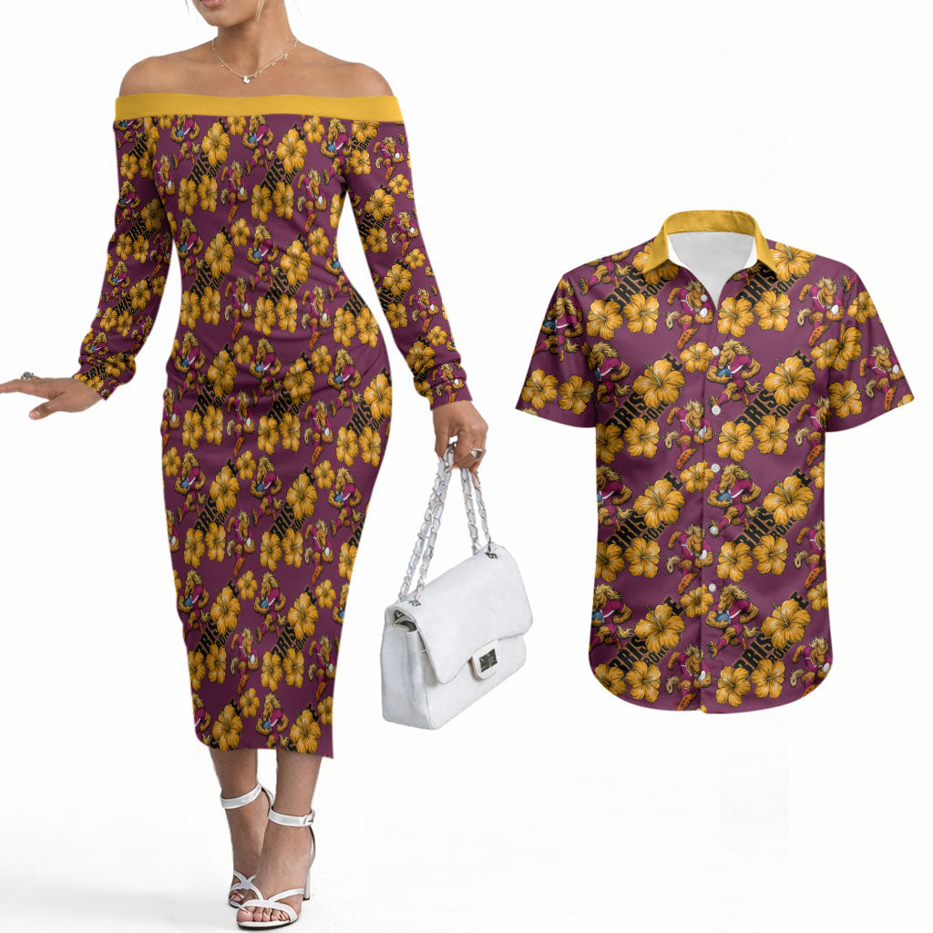Brisbane Broncos Mascot Couples Matching Off The Shoulder Long Sleeve Dress and Hawaiian Shirt Tropical Hibiscus Floral Seamless Rugby Mascot