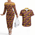 Brisbane Broncos Mascot Couples Matching Off The Shoulder Long Sleeve Dress and Hawaiian Shirt Tropical Hibiscus Floral Seamless Rugby Mascot