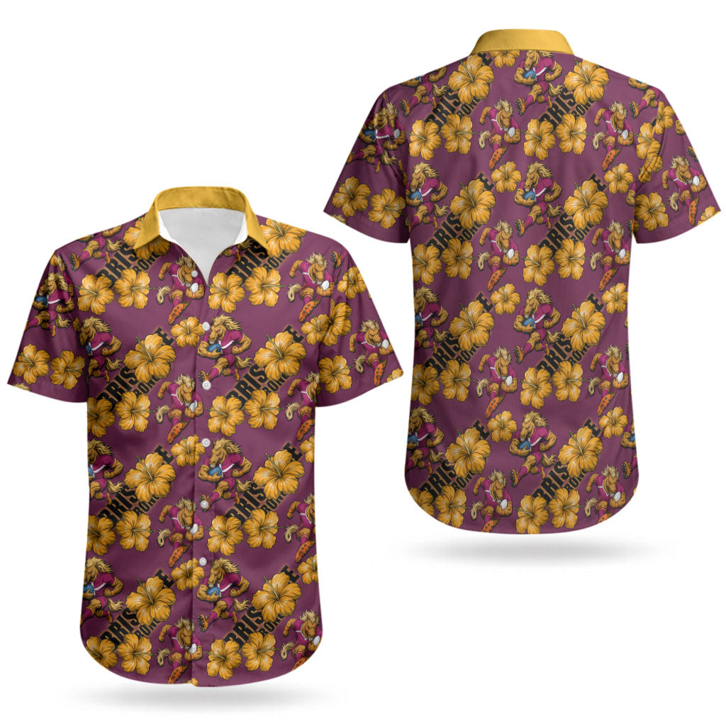 Brisbane Broncos Mascot Couples Matching Off The Shoulder Long Sleeve Dress and Hawaiian Shirt Tropical Hibiscus Floral Seamless Rugby Mascot