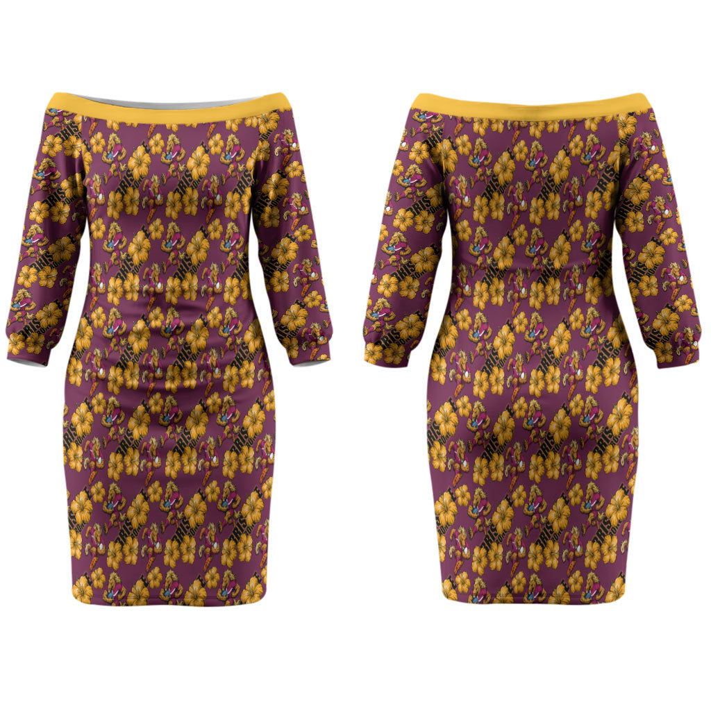 Brisbane Broncos Mascot Couples Matching Off The Shoulder Long Sleeve Dress and Hawaiian Shirt Tropical Hibiscus Floral Seamless Rugby Mascot
