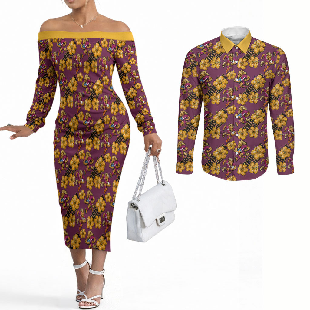 Brisbane Broncos Mascot Couples Matching Off The Shoulder Long Sleeve Dress and Long Sleeve Button Shirt Tropical Hibiscus Floral Seamless Rugby Mascot