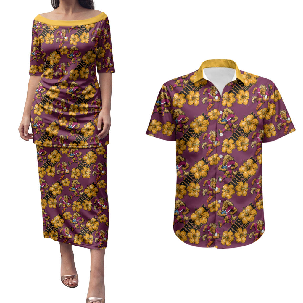 Brisbane Broncos Mascot Couples Matching Puletasi and Hawaiian Shirt Tropical Hibiscus Floral Seamless Rugby Mascot