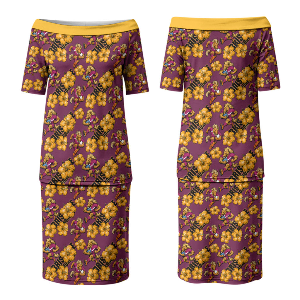 Brisbane Broncos Mascot Couples Matching Puletasi and Hawaiian Shirt Tropical Hibiscus Floral Seamless Rugby Mascot