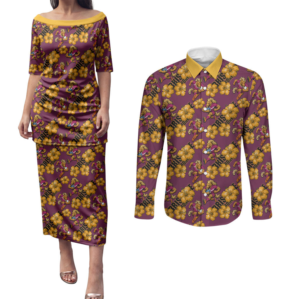 Brisbane Broncos Mascot Couples Matching Puletasi and Long Sleeve Button Shirt Tropical Hibiscus Floral Seamless Rugby Mascot