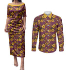 Brisbane Broncos Mascot Couples Matching Puletasi and Long Sleeve Button Shirt Tropical Hibiscus Floral Seamless Rugby Mascot