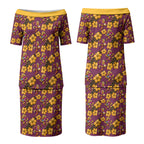 Brisbane Broncos Mascot Couples Matching Puletasi and Long Sleeve Button Shirt Tropical Hibiscus Floral Seamless Rugby Mascot
