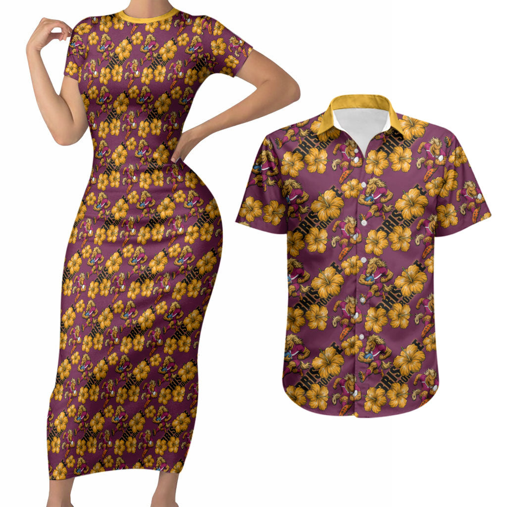 Brisbane Broncos Mascot Couples Matching Short Sleeve Bodycon Dress and Hawaiian Shirt Tropical Hibiscus Floral Seamless Rugby Mascot