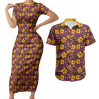 Brisbane Broncos Mascot Couples Matching Short Sleeve Bodycon Dress and Hawaiian Shirt Tropical Hibiscus Floral Seamless Rugby Mascot