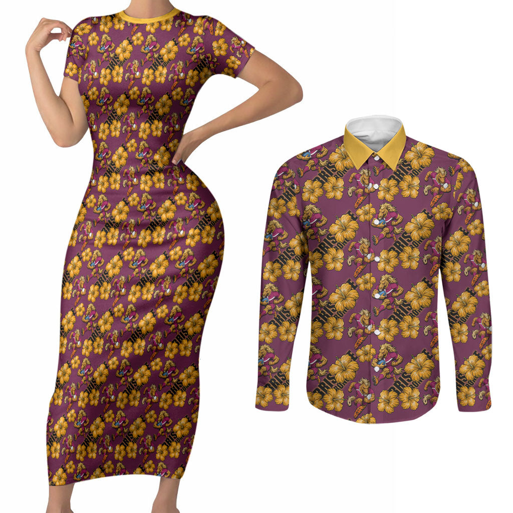 Brisbane Broncos Mascot Couples Matching Short Sleeve Bodycon Dress and Long Sleeve Button Shirt Tropical Hibiscus Floral Seamless Rugby Mascot