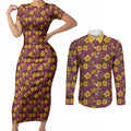 Brisbane Broncos Mascot Couples Matching Short Sleeve Bodycon Dress and Long Sleeve Button Shirt Tropical Hibiscus Floral Seamless Rugby Mascot
