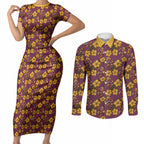 Brisbane Broncos Mascot Couples Matching Short Sleeve Bodycon Dress and Long Sleeve Button Shirt Tropical Hibiscus Floral Seamless Rugby Mascot