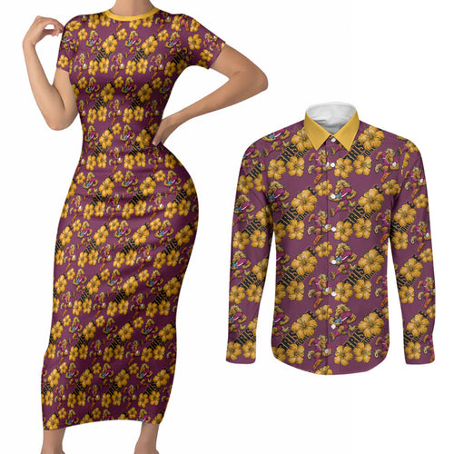 Brisbane Broncos Mascot Couples Matching Short Sleeve Bodycon Dress and Long Sleeve Button Shirt Tropical Hibiscus Floral Seamless Rugby Mascot