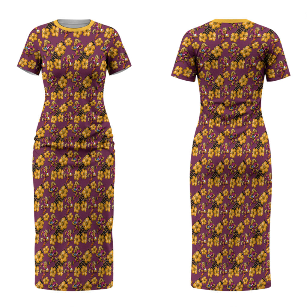 Brisbane Broncos Mascot Couples Matching Short Sleeve Bodycon Dress and Long Sleeve Button Shirt Tropical Hibiscus Floral Seamless Rugby Mascot