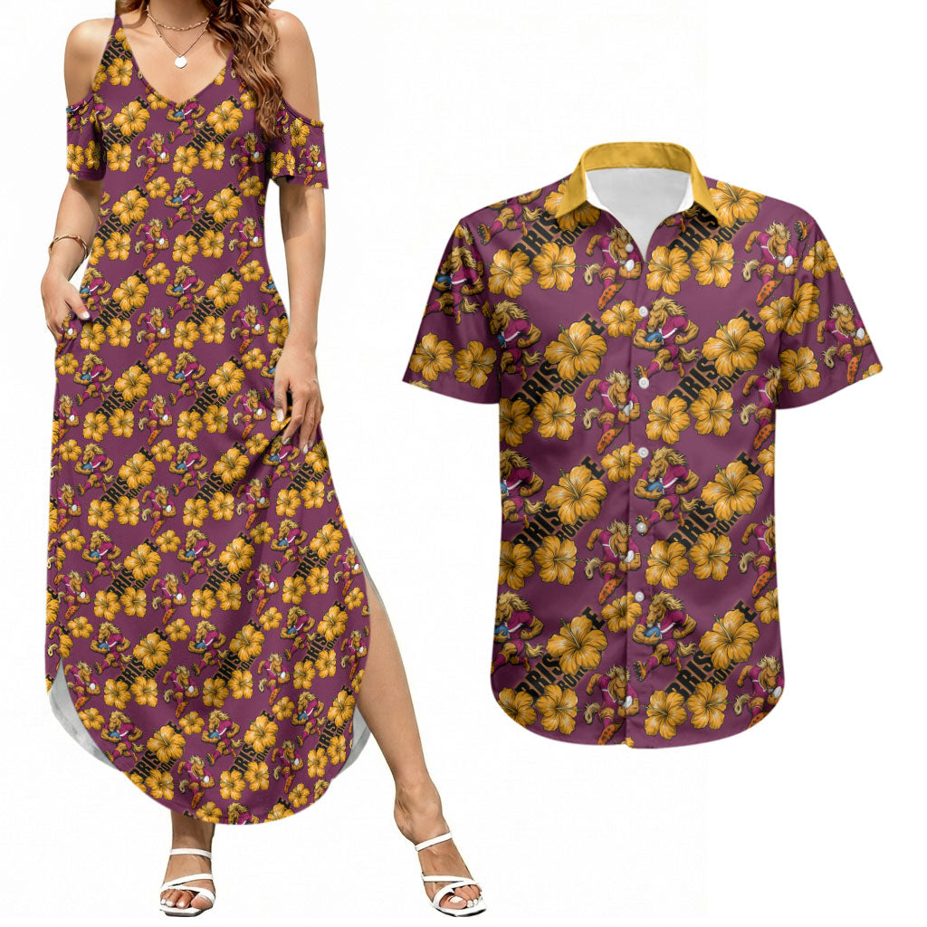Brisbane Broncos Mascot Couples Matching Summer Maxi Dress and Hawaiian Shirt Tropical Hibiscus Floral Seamless Rugby Mascot